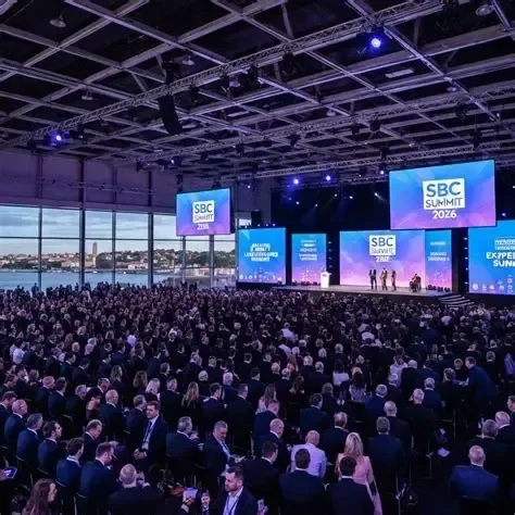 A packed audience watching speakers on the SBC Summit 2026 stage