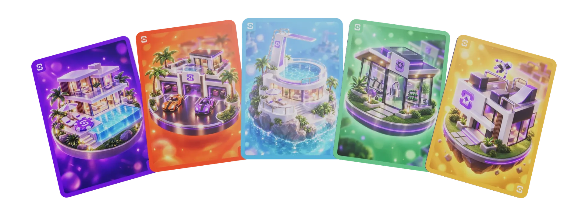 Five Shuffle playing cards dealt in a row, face up, each showing one House of Cards: the gaming villa, the Pit Stop garage villa, the Deep End diving villa, the Lockout gym and the Flow House