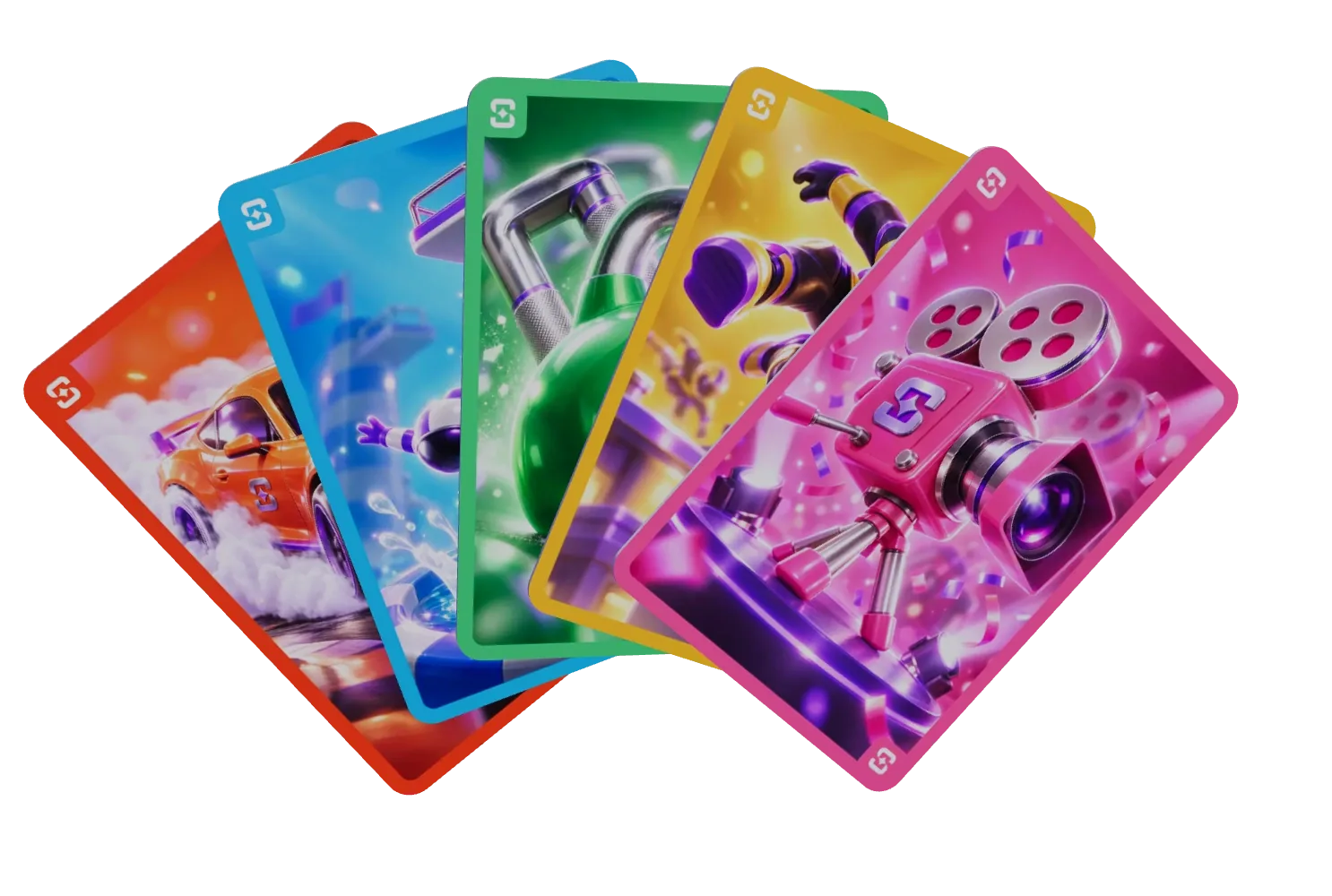 Five Shuffle playing cards fanned like a hand, one per activation option: a drifting car, a diving tower, a kettlebell, a parkour runner and a cinema camera