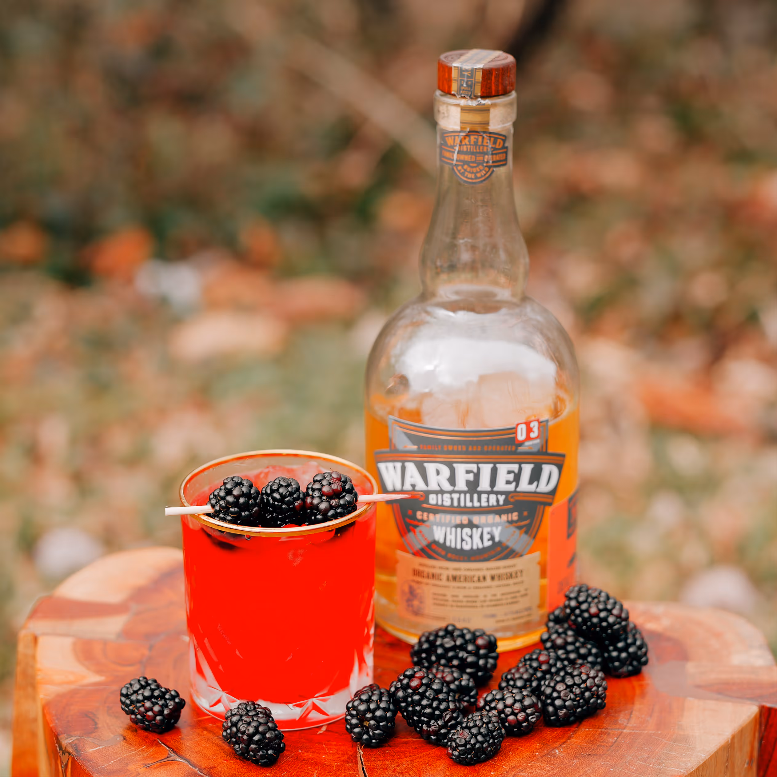 Whiskey bottle behind cocktail with blackberries