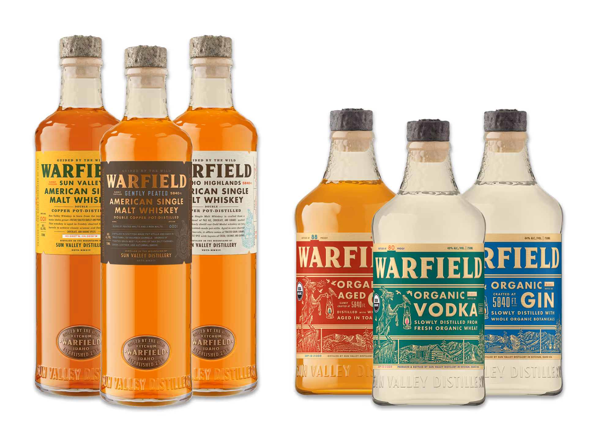 Six Sun Valley Distillery bottles featuring Warfield American Single Malt Whiskeys and organic spirits including aged whiskey, vodka, and gin.