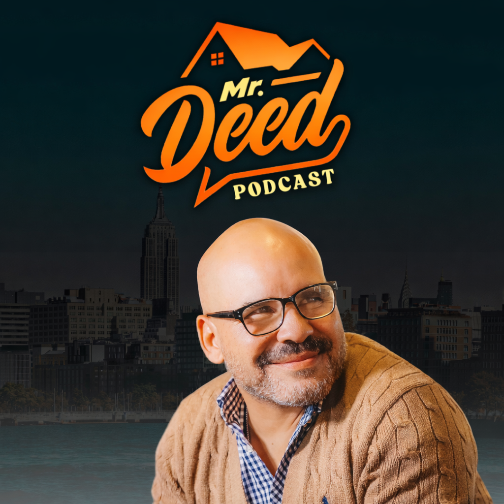 Smiling bald man wearing glasses and a beige sweater, with a city skyline background and 'Mr. Deed Podcast' logo above.