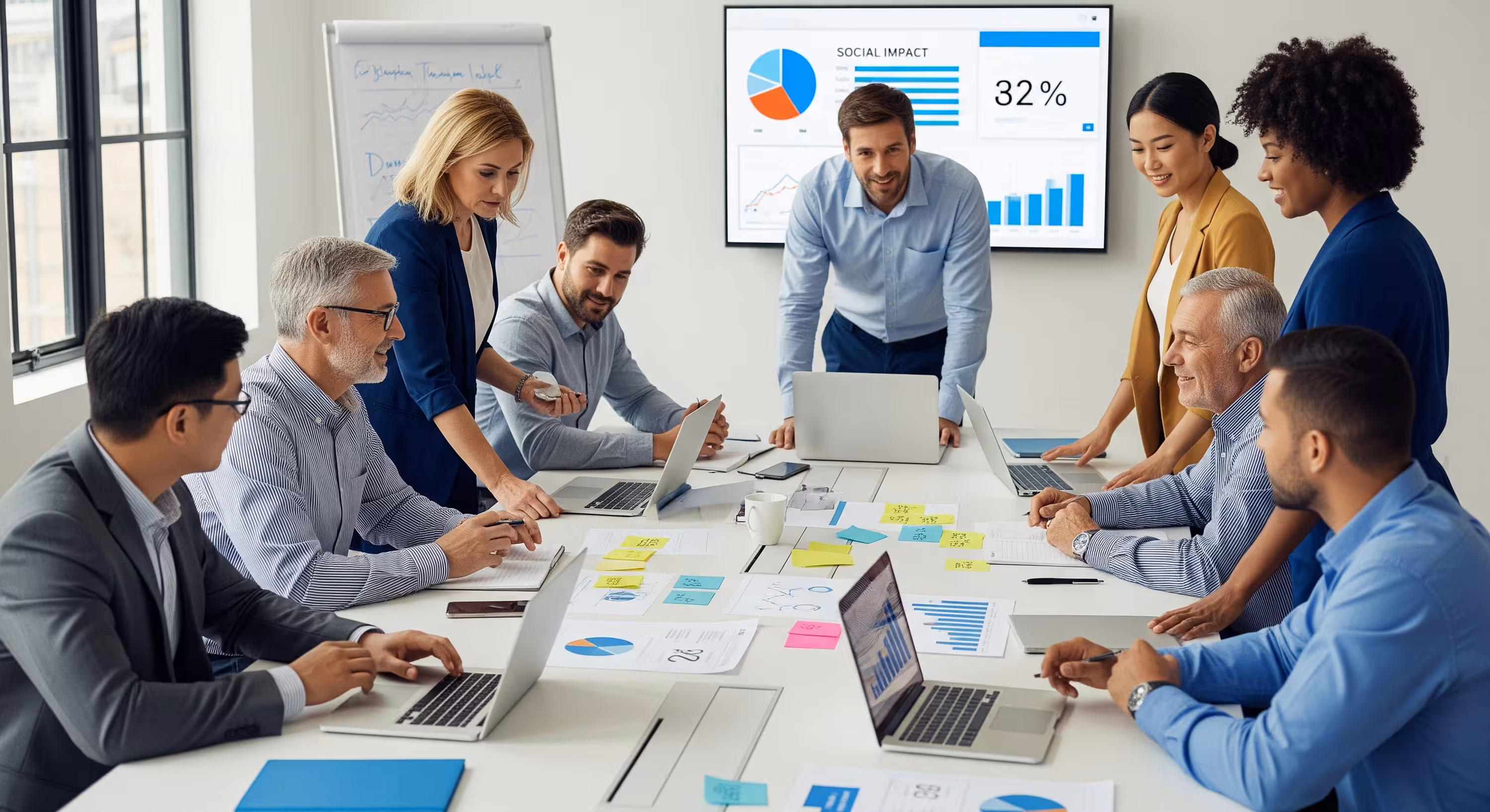 A group of eight professionals collaborates around a conference table with laptops, papers, and charts. Two screens display graphs, including one labeled Social Impact 32%. Everyone appears engaged in discussion.