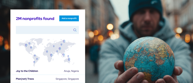 A man in a winter jacket holds a globe with both hands, while on the left, a website interface displays a map and a search result showing 2M nonprofits found, listing locations in Nigeria and Singapore.
