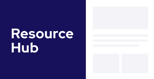 A graphic with Resource Hub in bold white text on a dark blue background, next to an abstract layout of grey rectangles and lines on a white background, representing a simplified webpage or content layout.