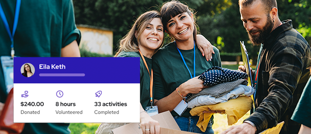 Three smiling people stand outdoors, sorting clothes for donation. An overlay shows a profile with the name Elia Keth, $240 donated, 8 hours volunteered, and 33 activities completed.