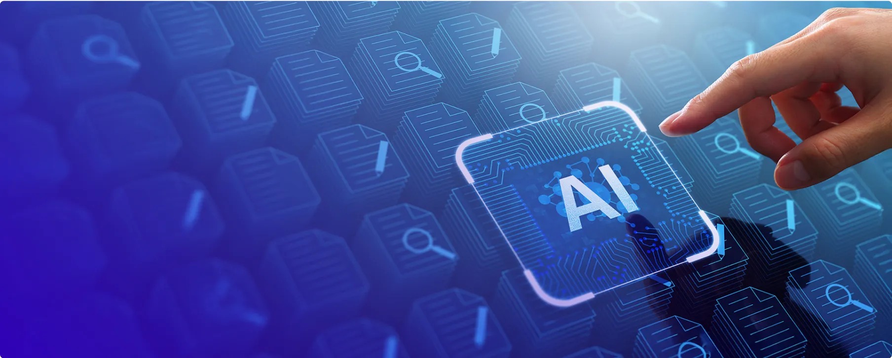 A hand reaches toward a glowing AI icon on a digital screen, with file and search icons in the background, symbolizing artificial intelligence and data analysis technology.