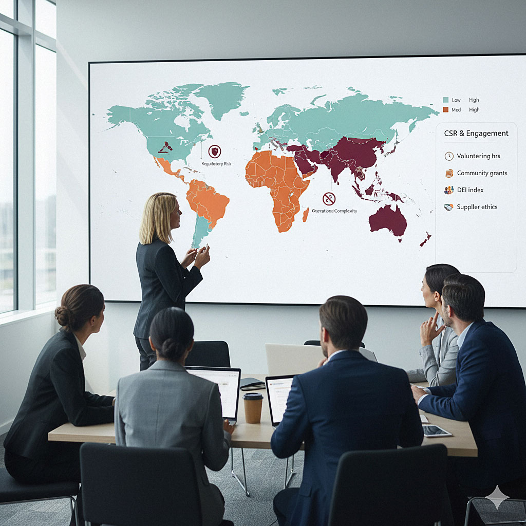 Employee meeting presentation, showing a map of CSR & Engagement by areas