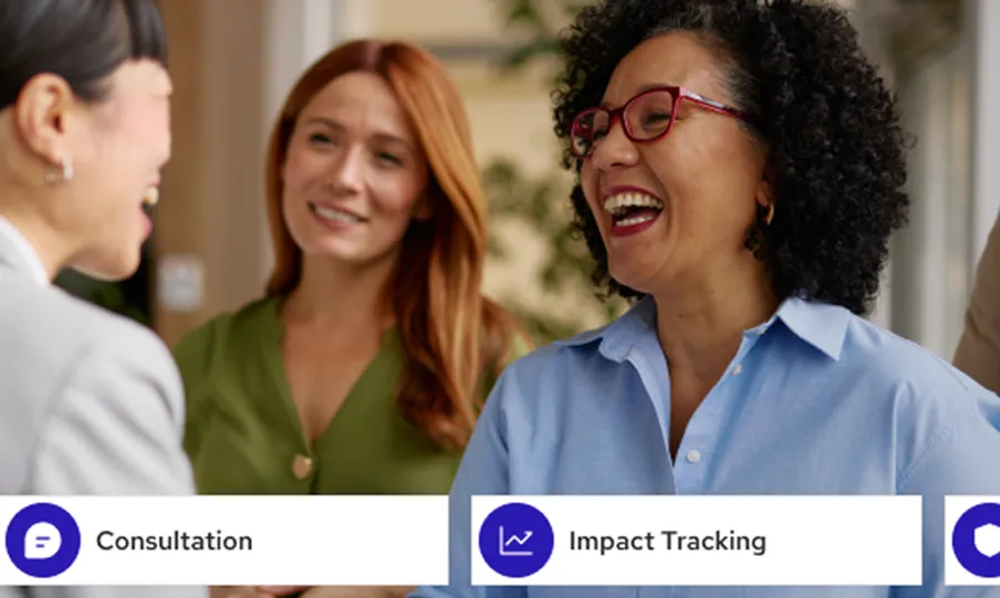 3 women having a group conversation , Benevity Grants UI on screen.