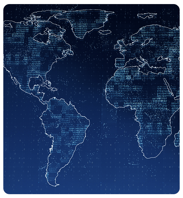 A digital world map with continents outlined in white over a blue background filled with binary code, symbolizing global digital connectivity and data exchange.