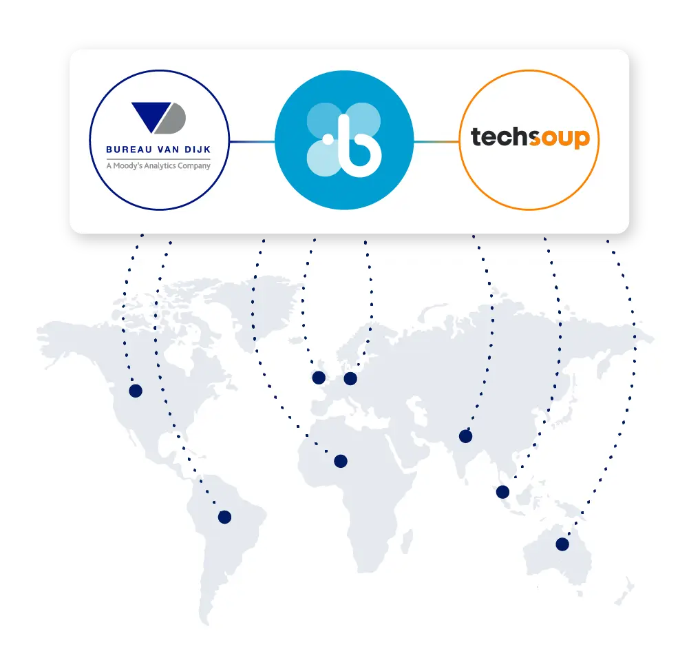 A graphic shows three logos connected—Bureau van Dijk, a central blue logo, and TechSoup—above a world map with dotted lines linking various countries to these organizations.