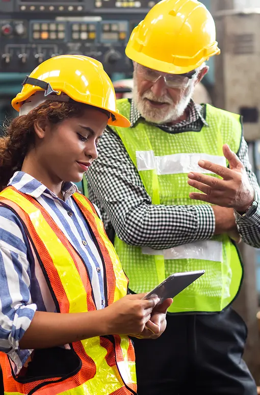 Two construction workers wearing yellow hard hats and safety vests stand indoors. The younger woman looks at a tablet, while the older man gestures and appears to be explaining something. Machinery is visible in the background.
