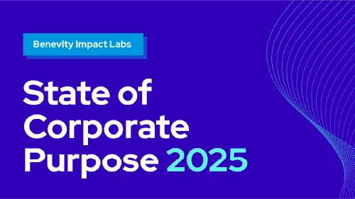 Benevity Impact Labs report titled State of Corporate Purpose 2025 on a blue background with abstract curved lines.