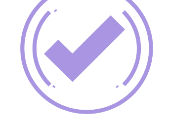 Blue checkmark inside a blue circular stamp outline.