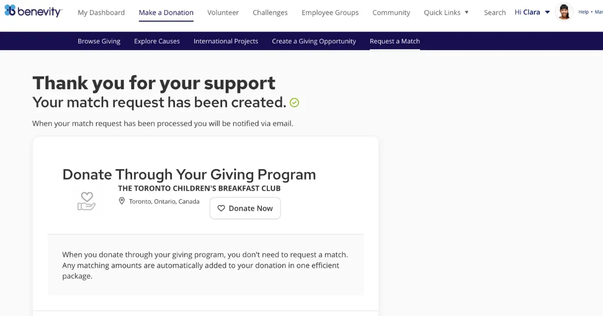 A Benevity webpage confirms a donation match request has been created for The Toronto Childrens Breakfast Club, with a Donate Now button and information about the giving program.