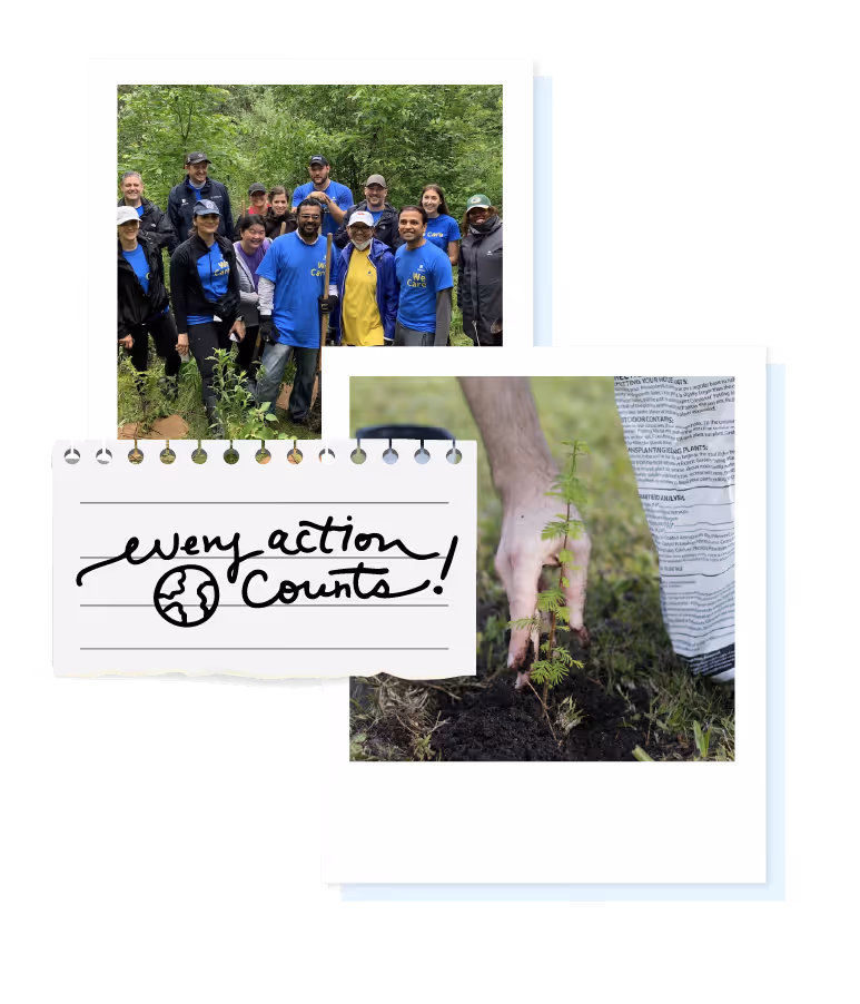 Group of volunteers in blue shirts standing outdoors in a green forest, with a hand planting a small tree seedling and handwritten text saying 'every action counts!'