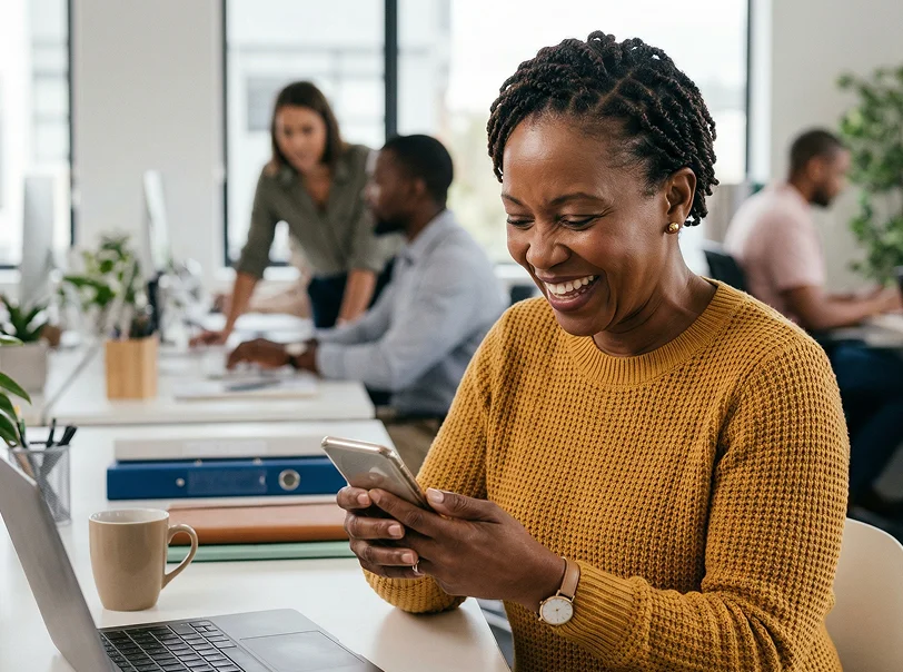 Smiling woman in a mustard sweater looking at her phone at a shared office desk with coworkers in the background.