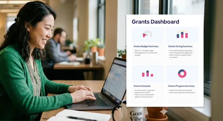 Woman in a green sweater smiling while working on a laptop with a Grants Dashboard displayed, showing budget, giving, schedule, and program summaries.