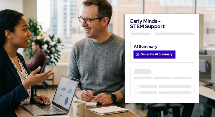 Two professionals talking at a desk with a laptop showing charts and an overlay labeled Early Minds – STEM Support with a Generate AI Summary button.