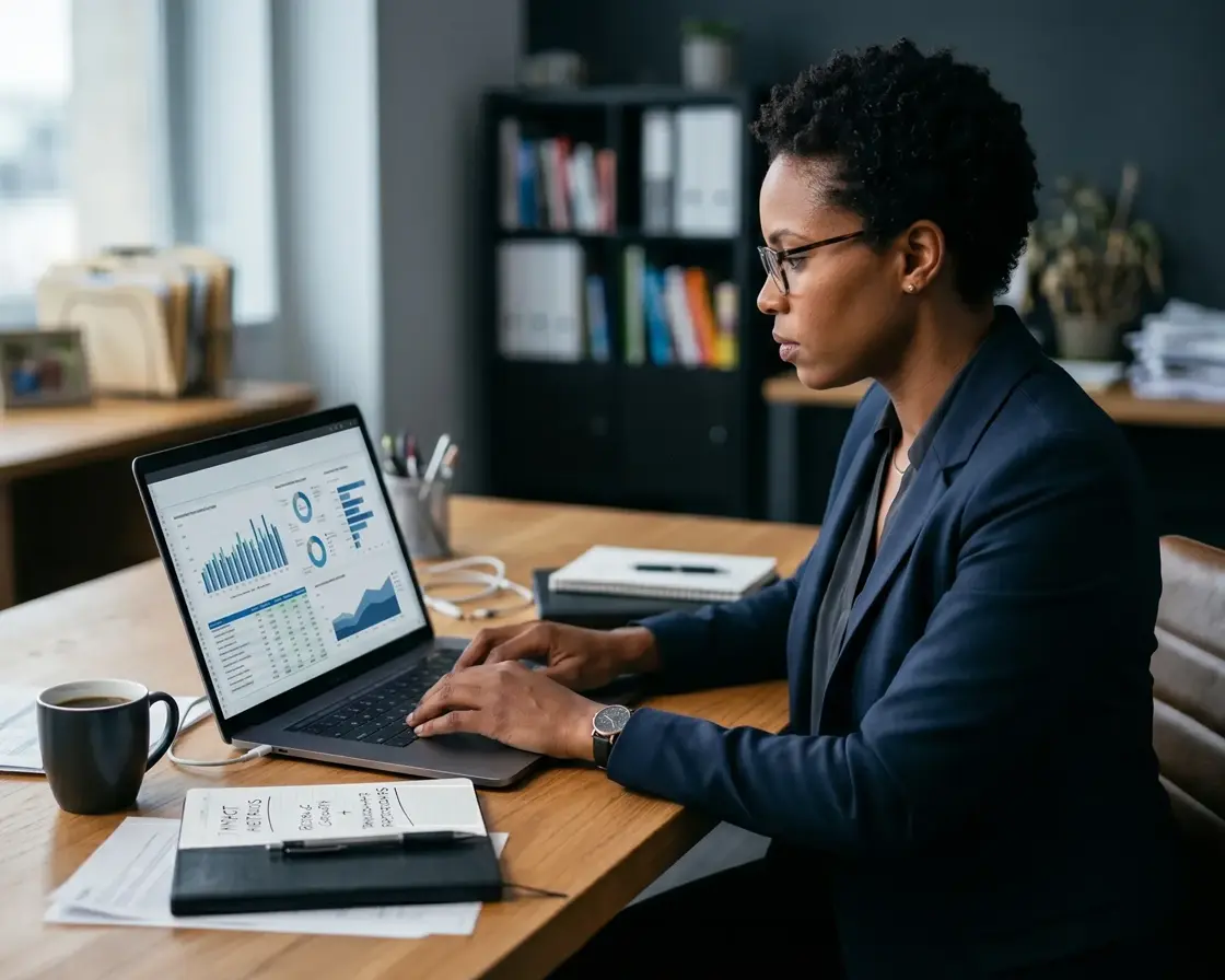 Woman wearing glasses and a blazer working on a laptop with financial charts at a wooden desk.