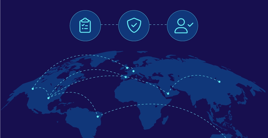Blue world map with connected points and icons representing compliance checklist, shield, and user on dark blue background.