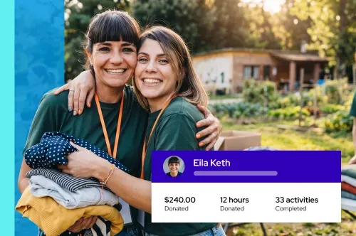 Two smiling women in green shirts hugging, holding folded clothes outdoors with donation stats overlay.