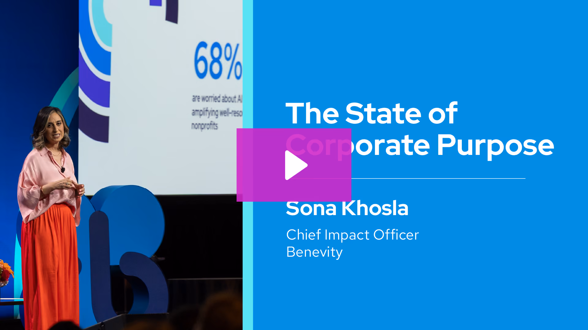 Woman speaking on stage with presentation titled The State of Corporate Purpose by Sona Khosla.