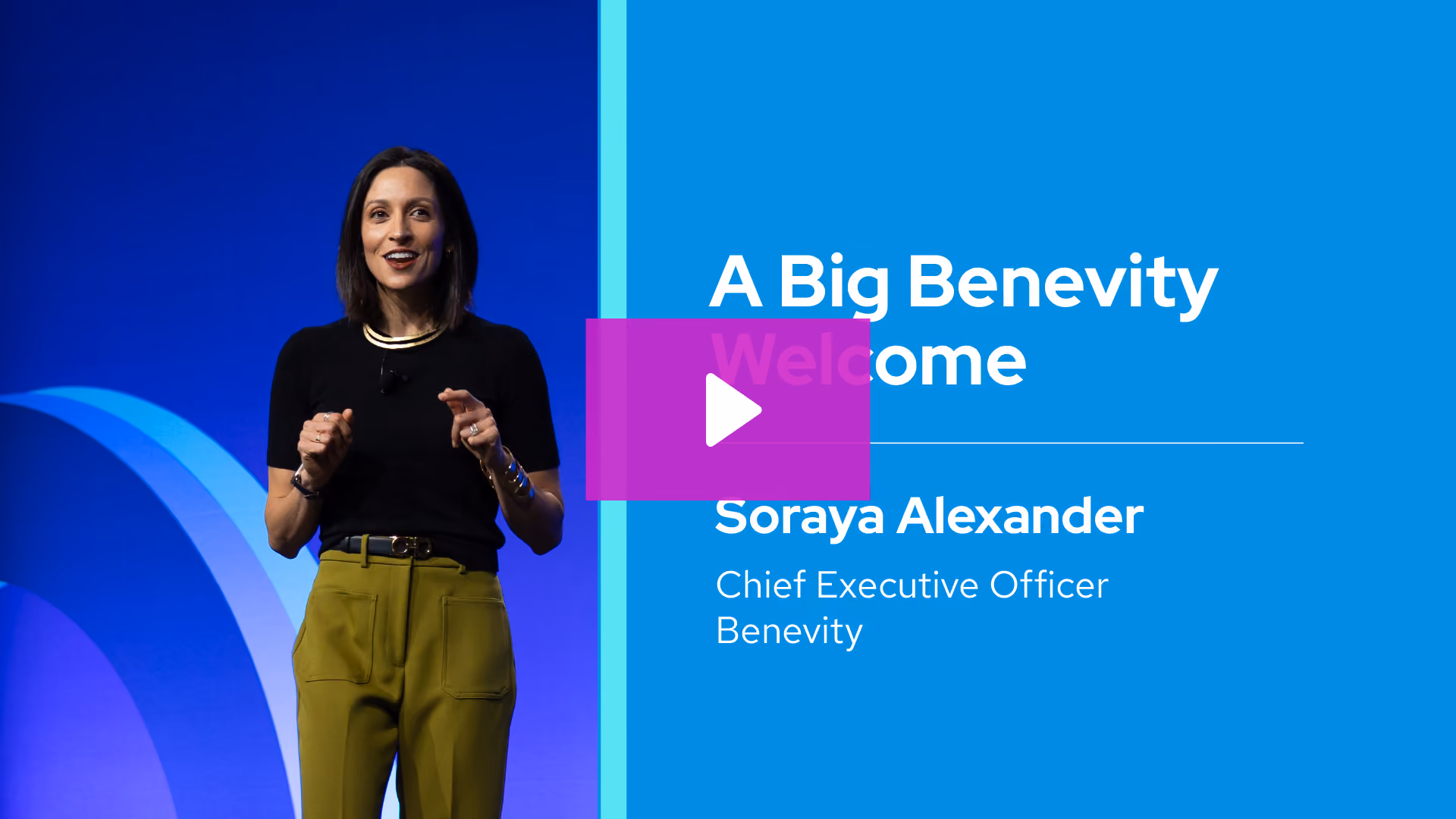 Soraya Alexander, CEO of Benevity, speaking on stage with blue background and presentation text.