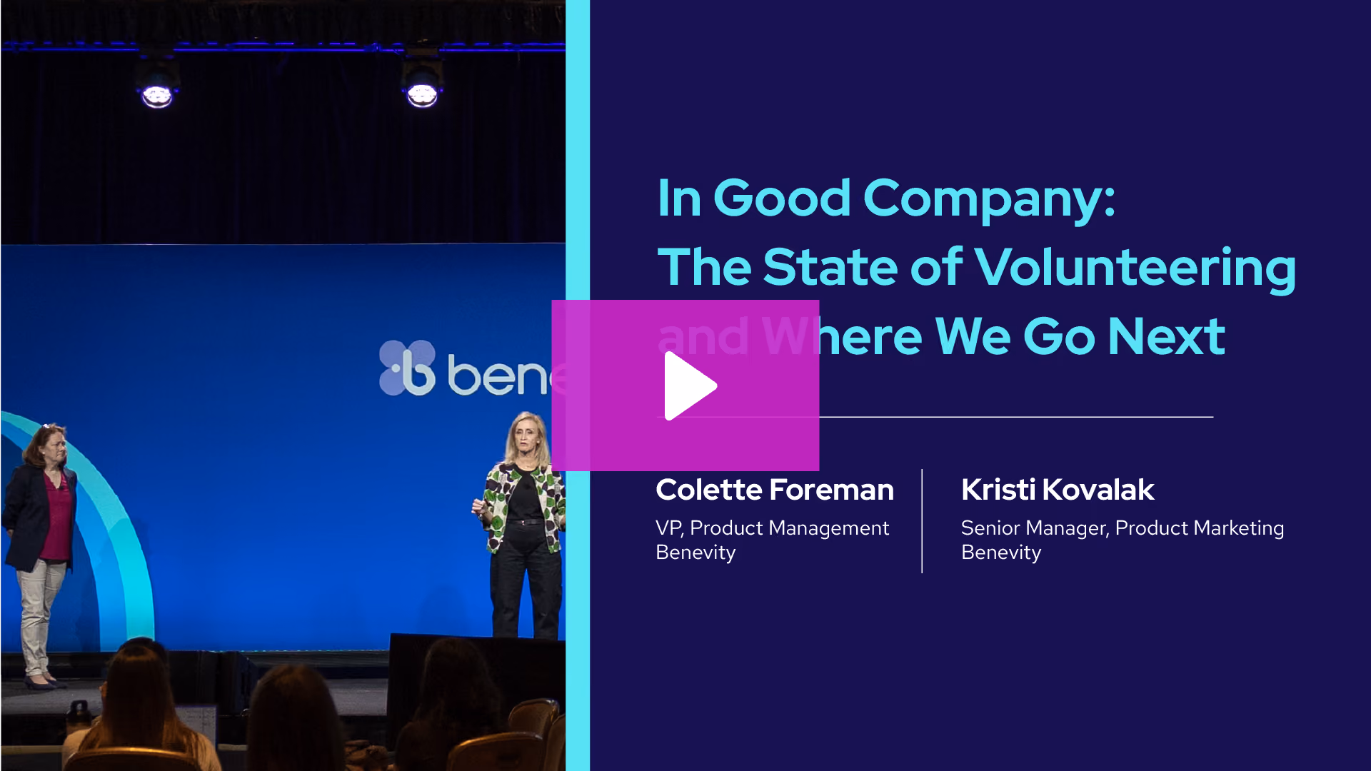 Two women on stage presenting a talk titled 'In Good Company: The State of Volunteering.'