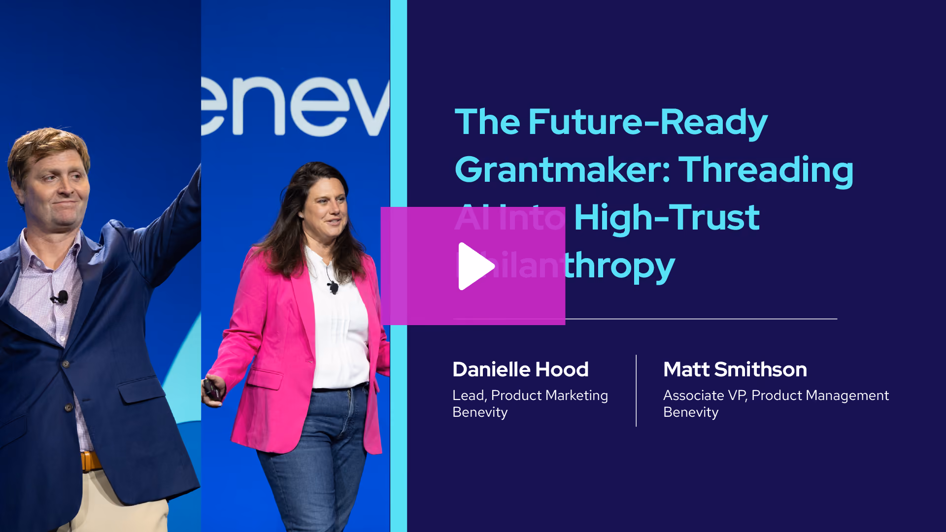 Two presenters on stage with text on right about future-ready grantmaker and philanthropy.