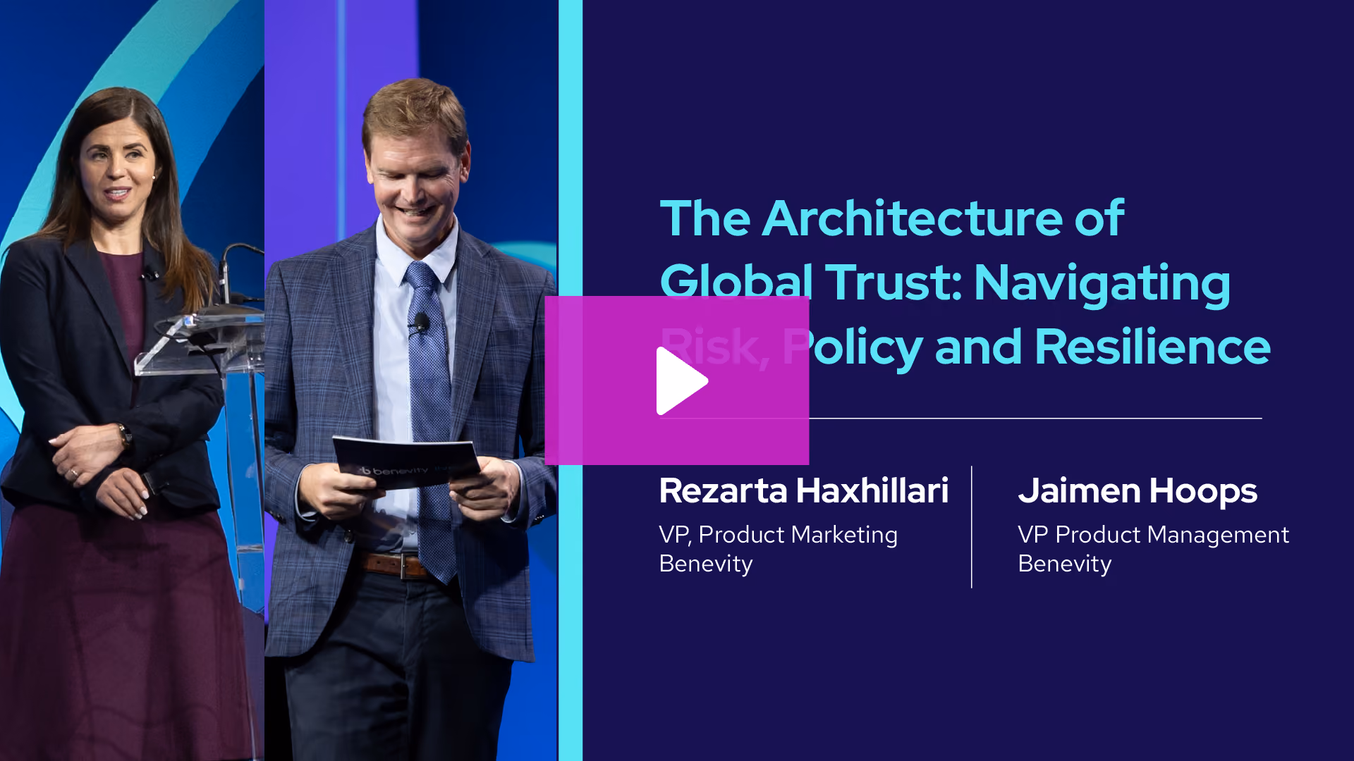 Two speakers on stage next to a screen titled 'The Architecture of Global Trust: Navigating Policy and Resilience.'