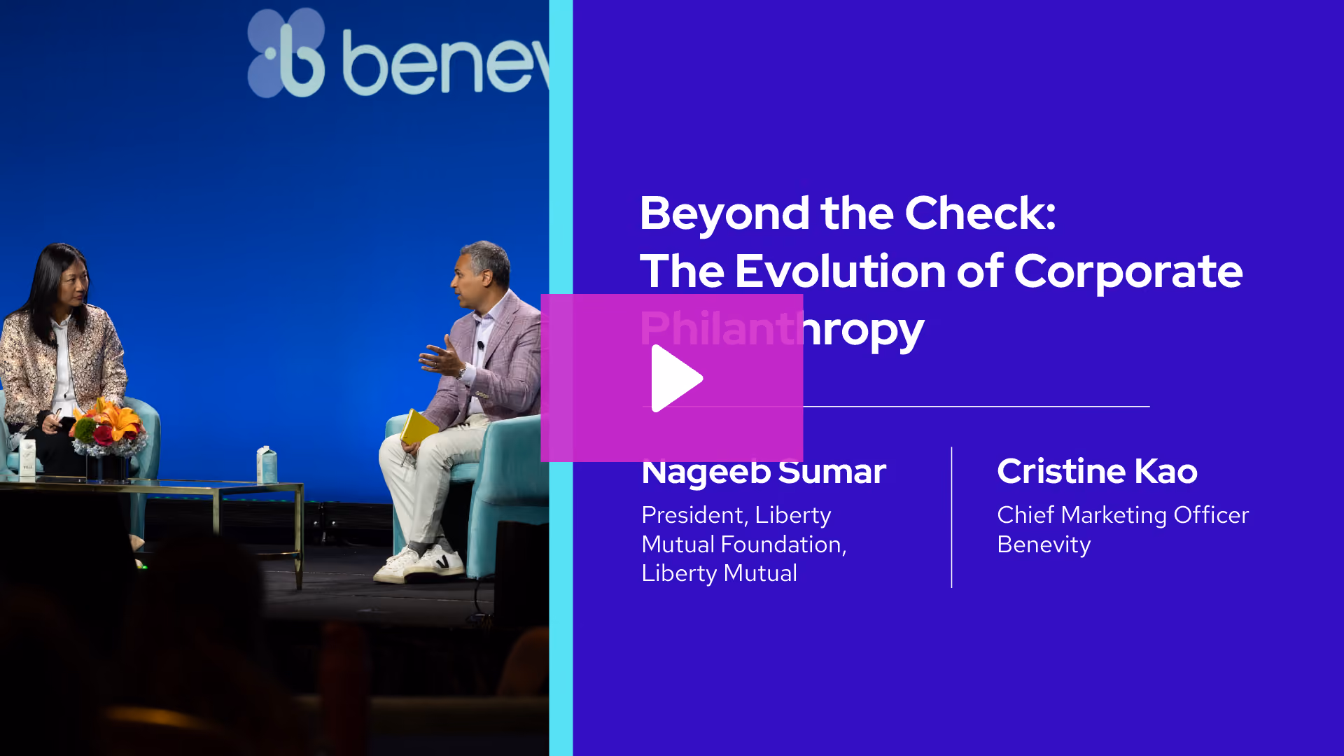 Two people conversing on stage with text on blue background about corporate philanthropy evolution.