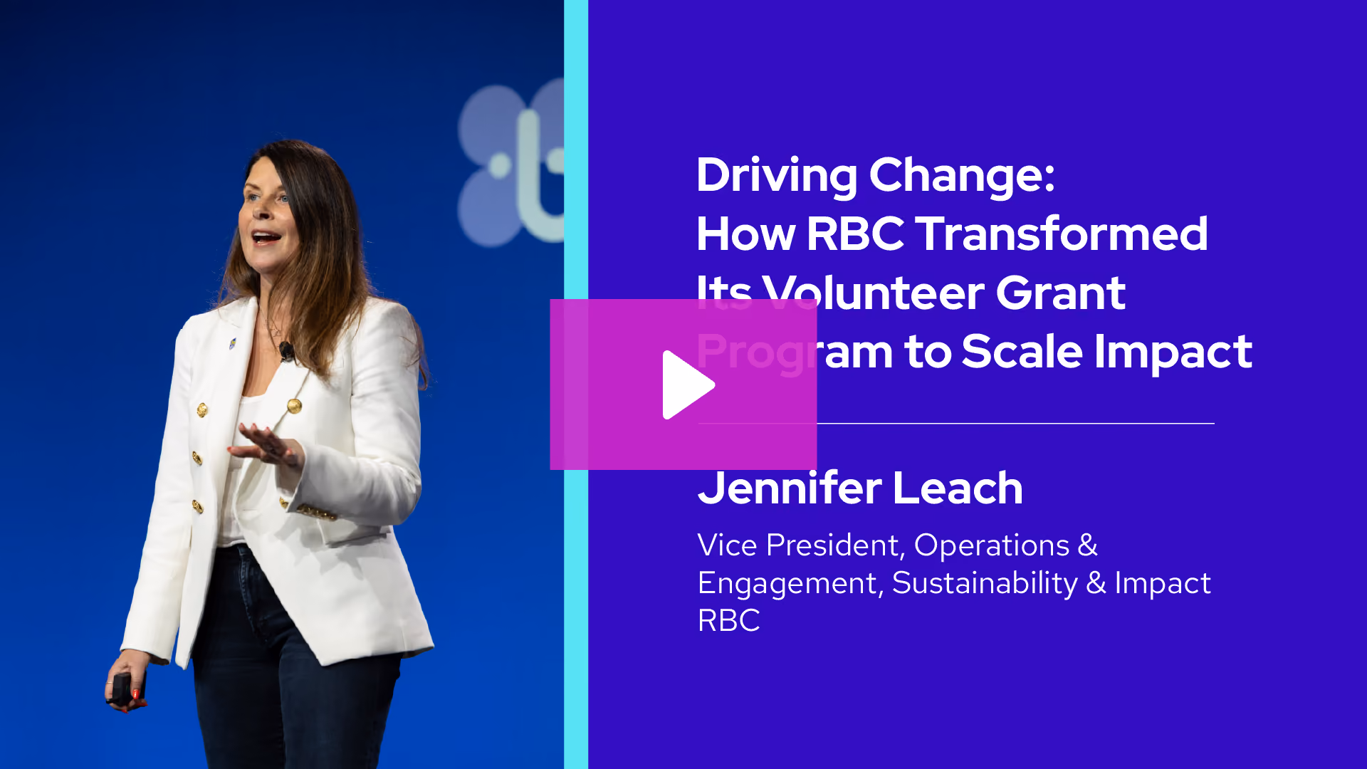Woman in white blazer speaking on stage next to text about RBC's volunteer grant transformation.