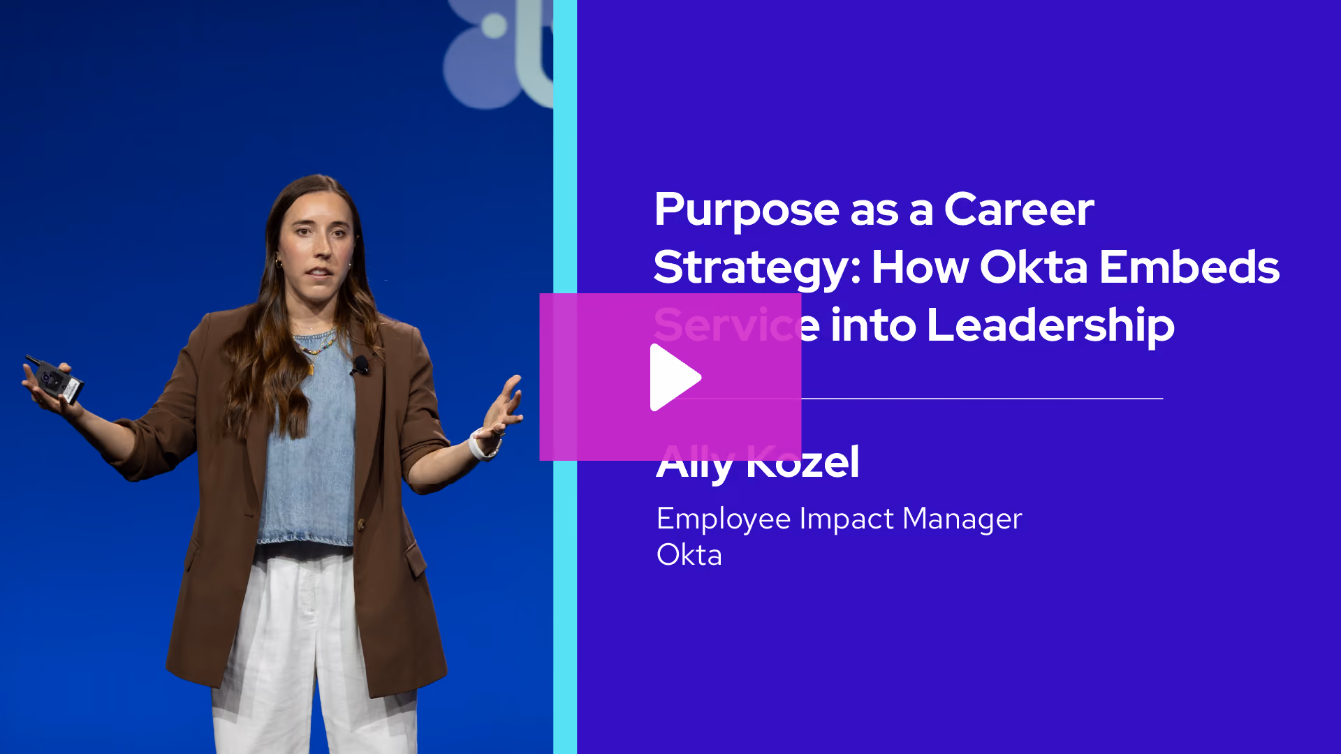 Ally Kozel speaking onstage about career strategy and leadership at an Okta event.