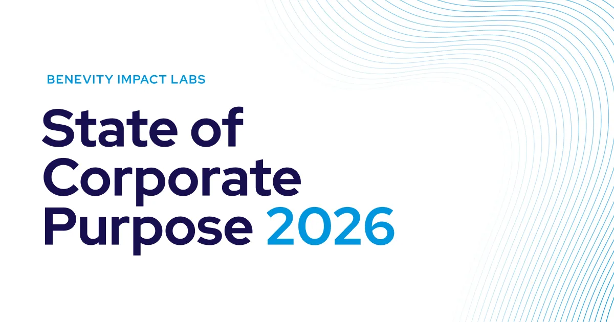 Text reading Benevity Impact Labs State of Corporate Purpose 2026 with blue wave lines on right side