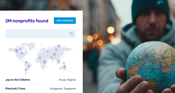 A man in a winter jacket holds a globe with both hands, while on the left, a website interface displays a map and a search result showing 2M nonprofits found, listing locations in Nigeria and Singapore.
