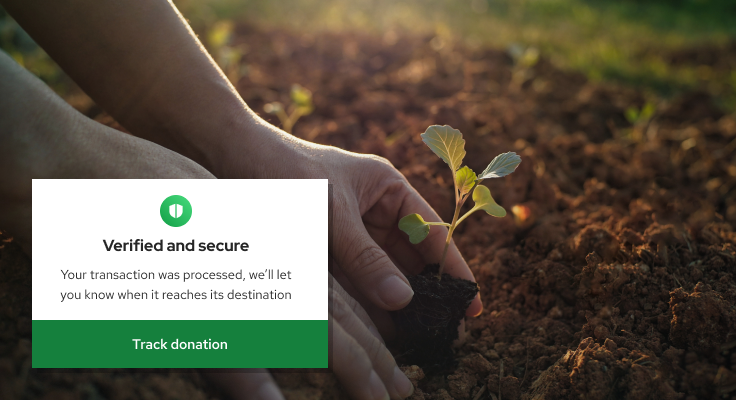 Hands planting a small seedling in soil with a message about a verified, secure transaction.