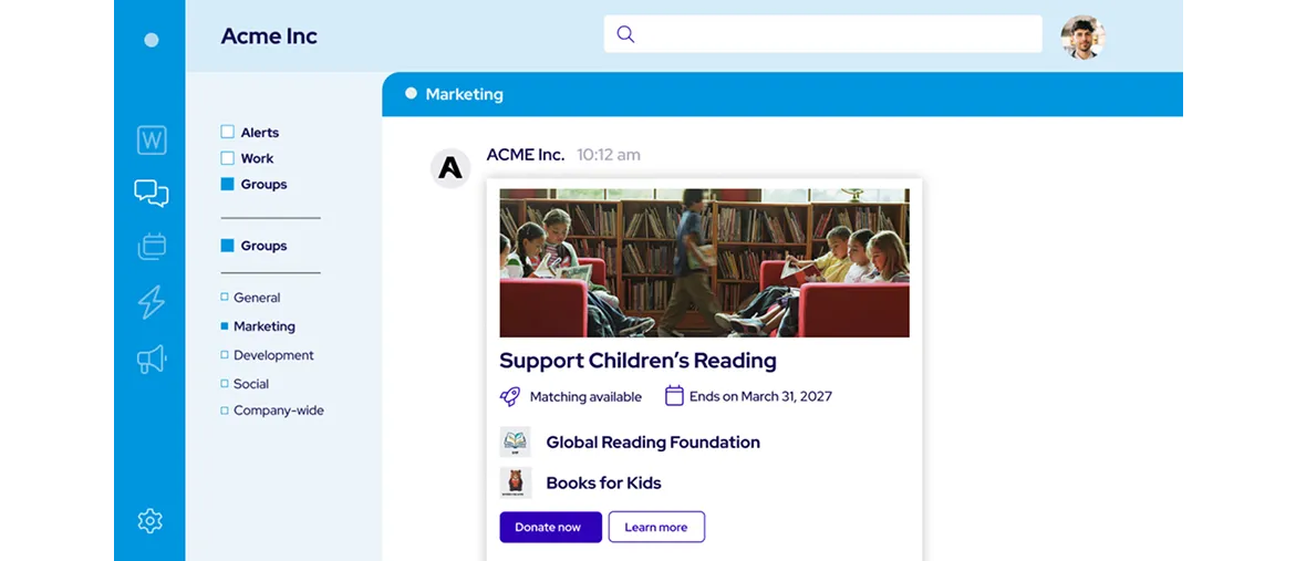 Screenshot of a company internal communication platform for Acme Inc showing a Marketing group post titled 'Support Children's Reading' with a photo of children reading in a library, details about matching available donations ending March 31, 2027, and links to Global Reading Foundation and Books for Kids, plus buttons for 'Donate now' and 'Learn more'.