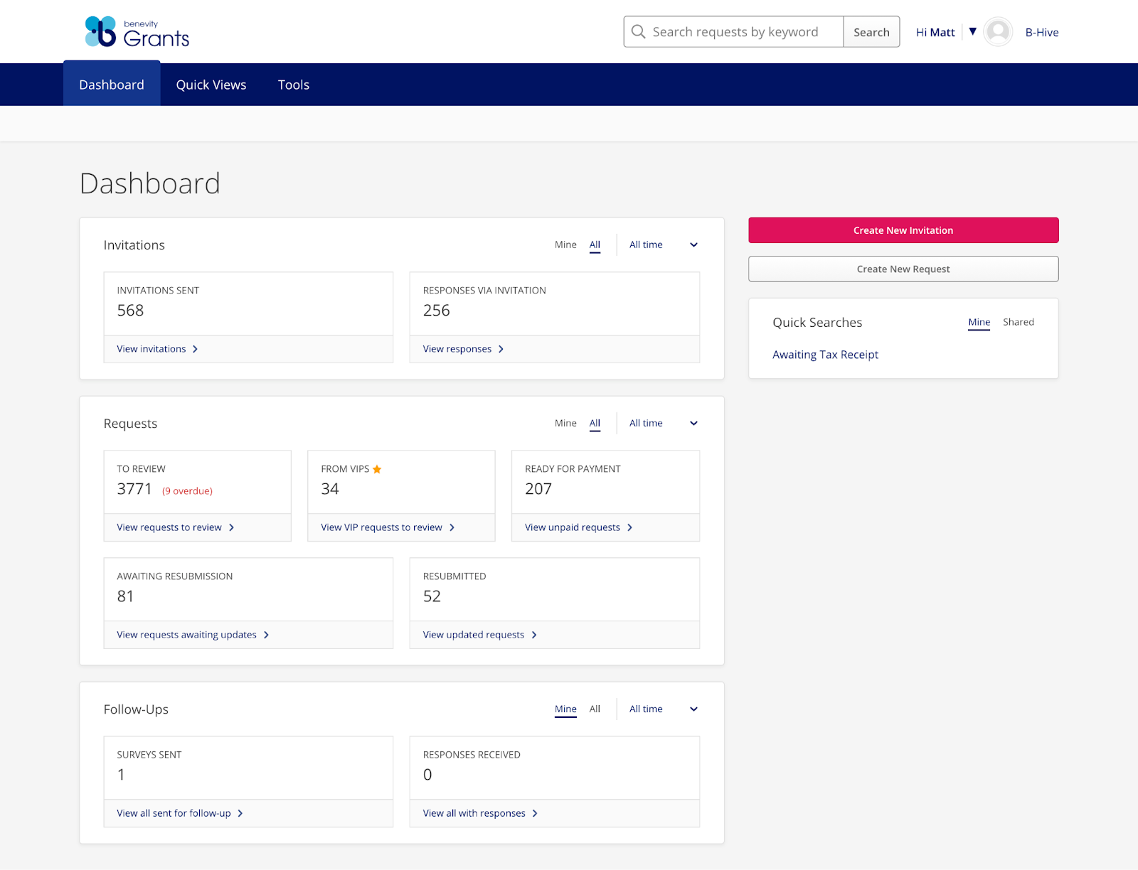 Screenshot of the Benevity grant management dashboard