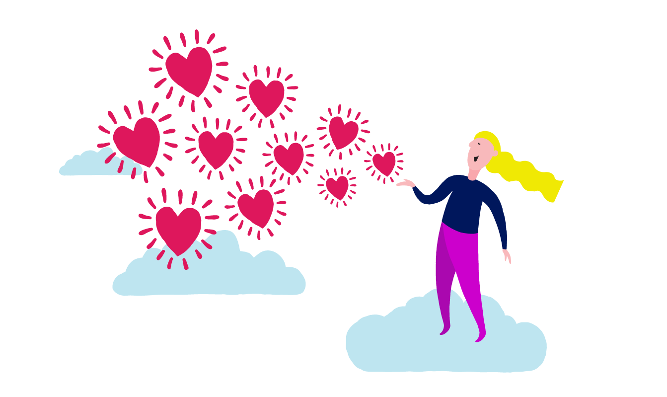 A person with long yellow hair stands on a cloud, reaching out to many red hearts with radiating lines, floating among other clouds on a white background.