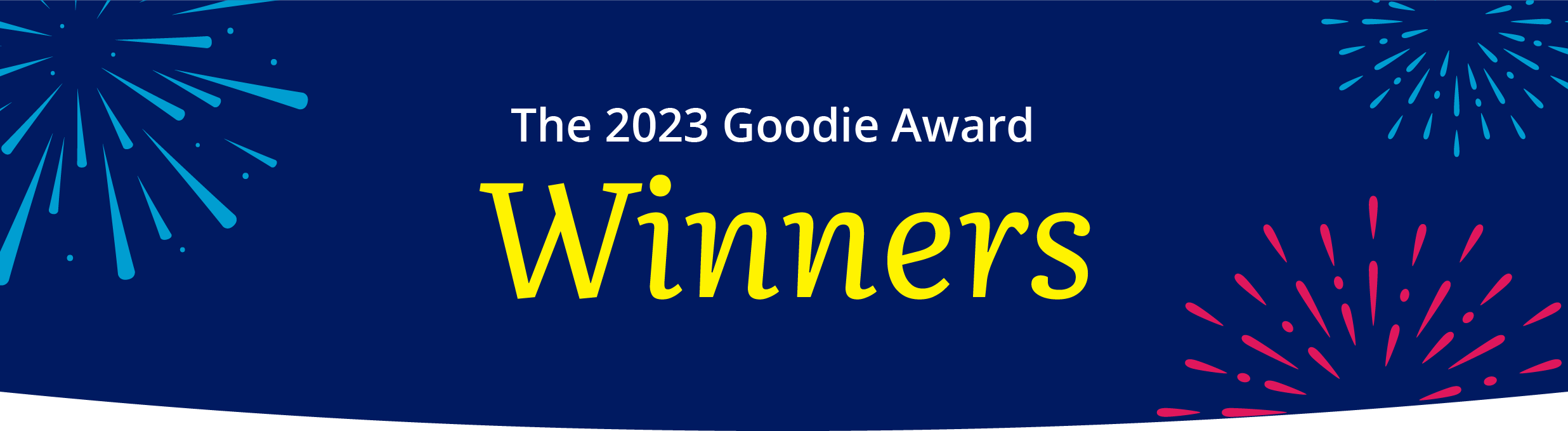 Dark blue background with colorful fireworks and bursts. In the center, white and yellow text reads: The Goodies Winners. The Benevity Corporate Goodness Awards.