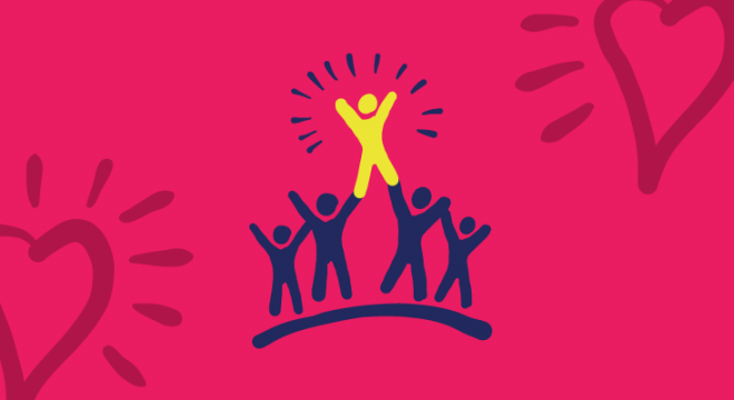 Illustration of four dark blue stick figures lifting a yellow stick figure in celebration, set against a pink background with large heart outlines and radiating lines.