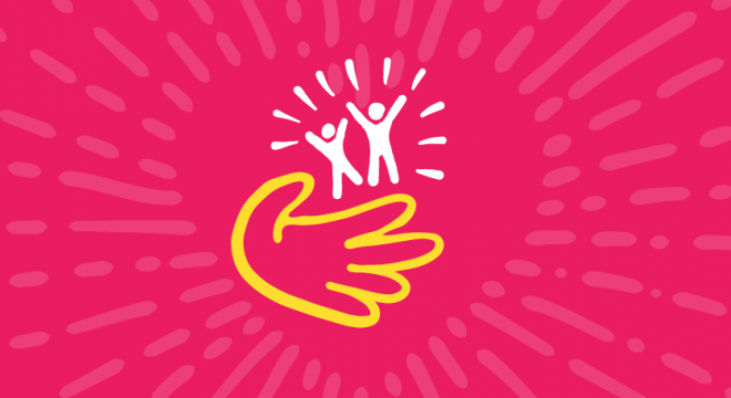 A yellow hand outline reaches toward two white human figures with raised arms, surrounded by radiating lines on a pink background, symbolizing celebration, support, or community.