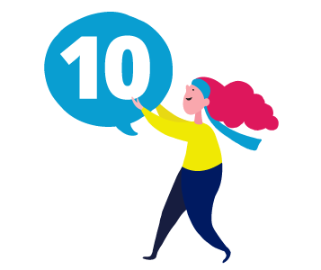 Illustration of a person with pink hair and a yellow top holding up a blue speech bubble with the number 10 inside.