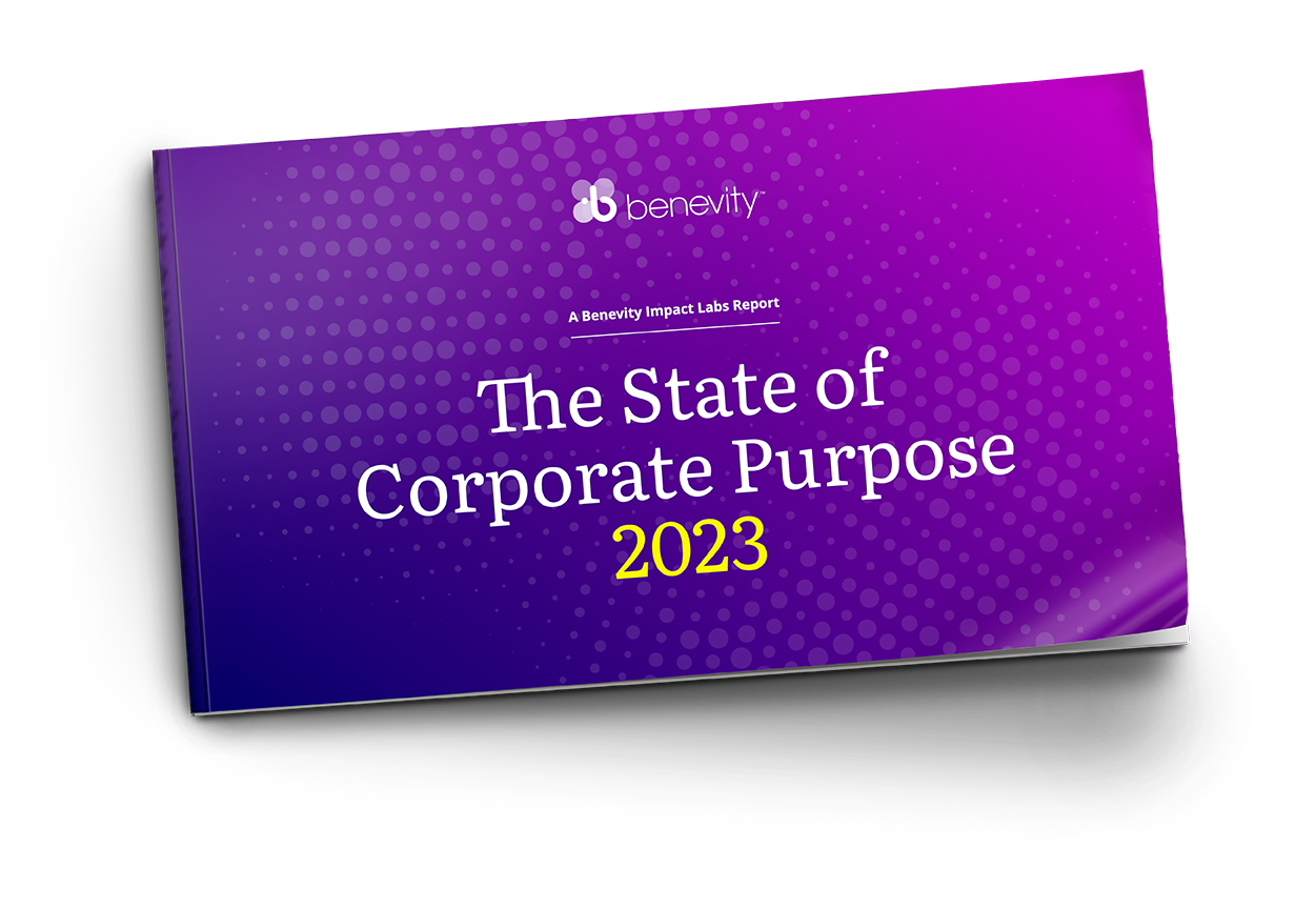 A report titled The State of Corporate Purpose 2023 by Benevity features a purple cover with white and yellow text and a dotted pattern background.