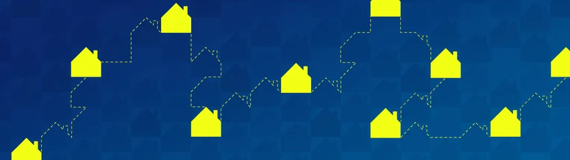 A blue background with faint house outlines and a zigzag line connecting bright yellow house icons, symbolizing fluctuations in the housing market.