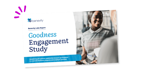 A report cover titled “Goodness Engagement Study” by Benevity, featuring a smiling woman in business attire speaking to someone off-camera, with blue and white branding and accent graphics.