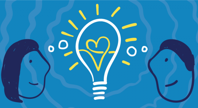Illustration of two people facing each other with a glowing light bulb between them. Inside the bulb is a heart, symbolizing shared understanding or empathy.