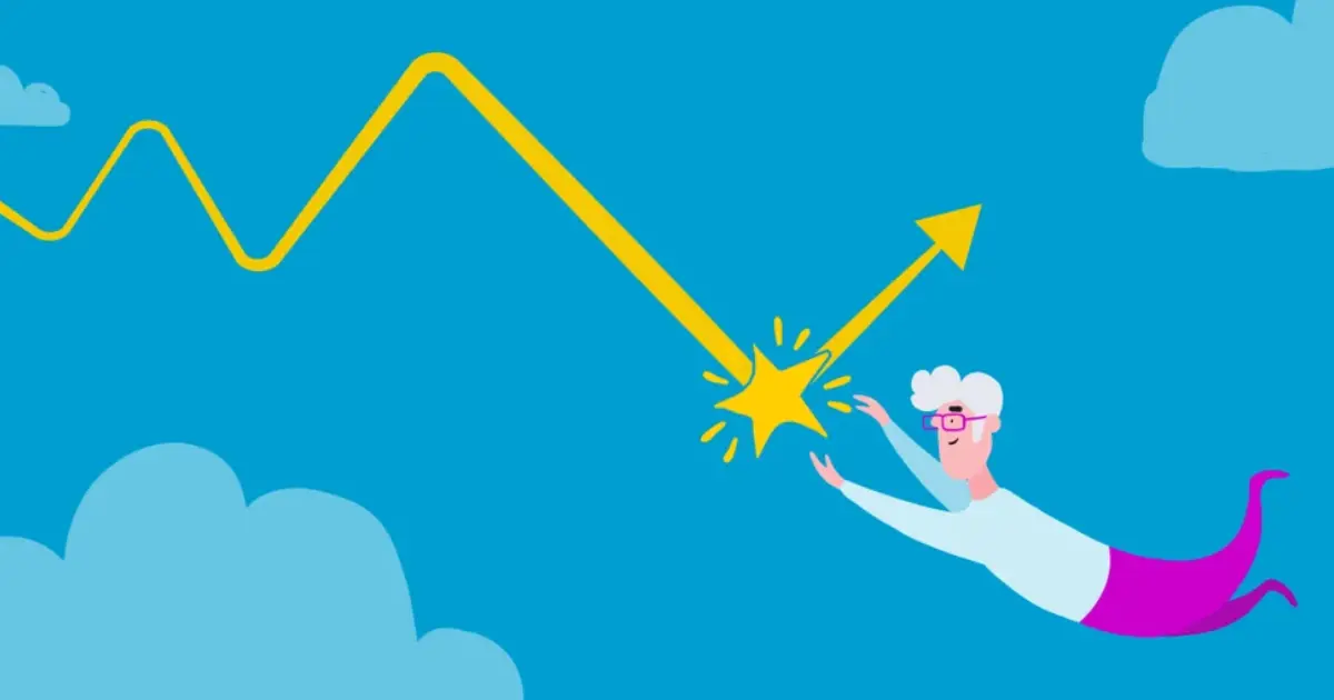 Illustration of a person in glasses flying among clouds and touching a rising yellow arrow, symbolizing growth or success. The arrow zigzags upward as the person reaches for it.