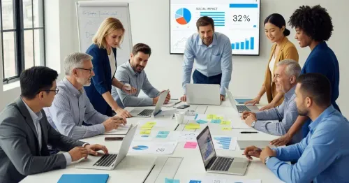 A diverse group of professionals collaborates around a conference table with laptops, papers, and charts, while a screen displays graphs and data in a modern office setting.